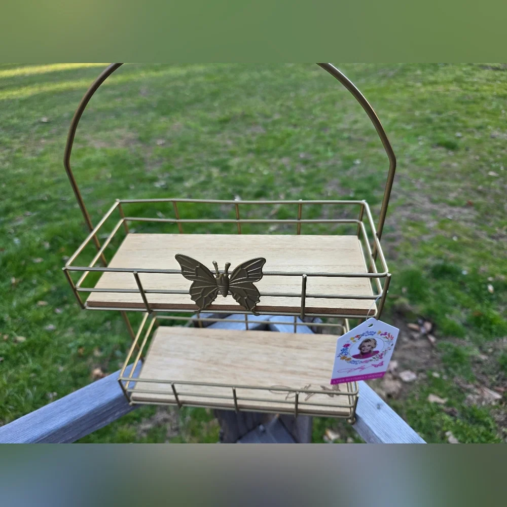 Dolly Parton 2 Tier Butterfly Serving Tray Server Shelf Wood and Metal Signature